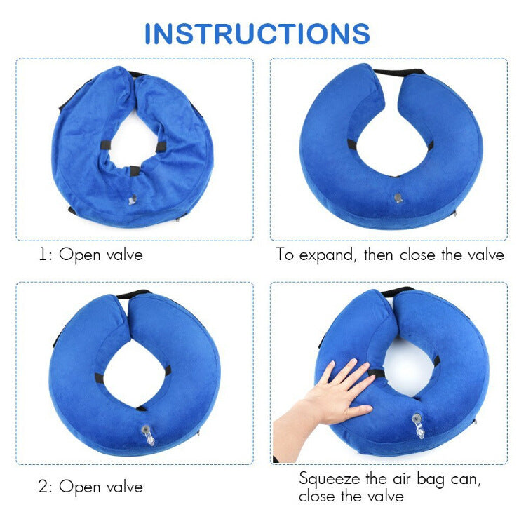 Inflatable Protective Cover for pets in blue color shown in four-step instruction guide. Ideal for dogs and cats to prevent licking or scratching.