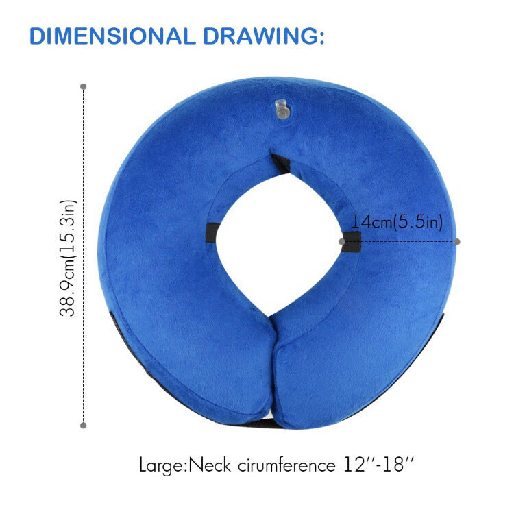 Inflatable Protective Cover for pets in blue with velcro closure, measuring 38.9cm x 14cm, fits neck circumference 12''–18''. Ideal for dogs and cats.
