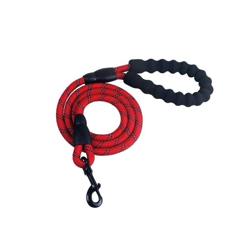 Red dog leash with black connectors on a white background