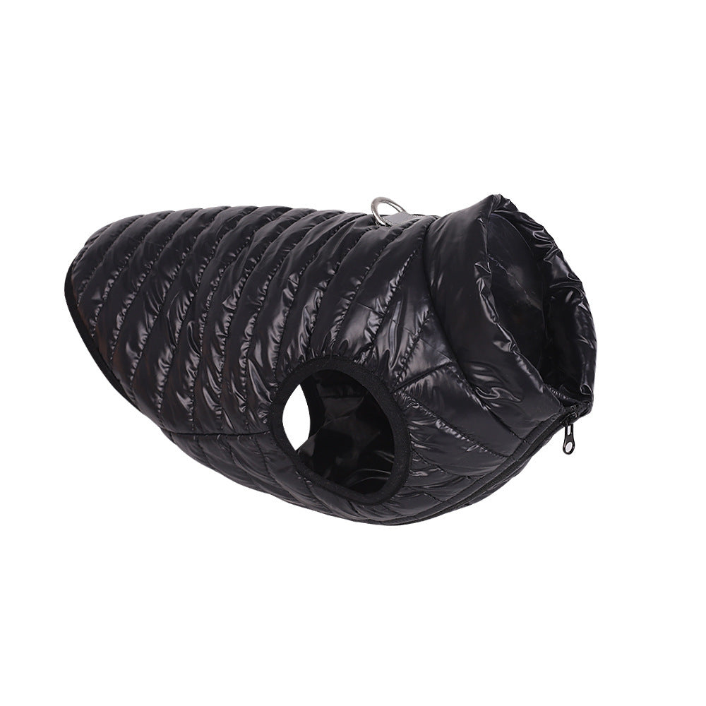 Black quilted dog coat on a white background