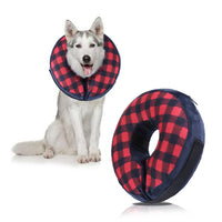 Inflatable Protective Cover for dogs in red and black grid velcro design, offering comfort and protection for pets during recovery.