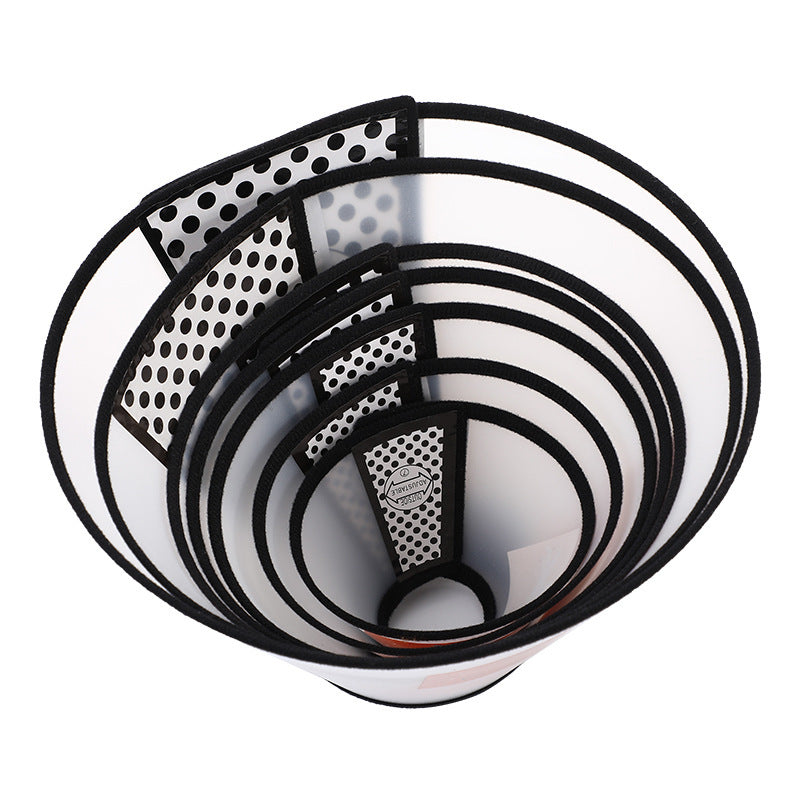 Set of transparent Anti-Eating Brebo pet cones in various sizes to prevent animals from biting or licking wounds