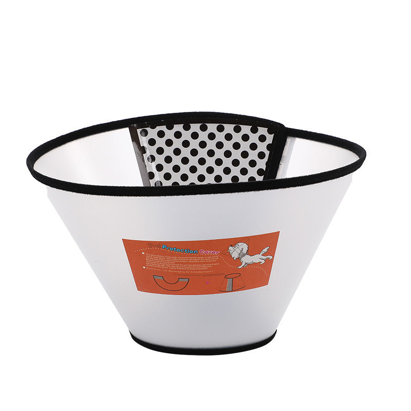 White pet cone collar with black trim and polka dot inner lining for animal comfort Anti-Eating Brebo