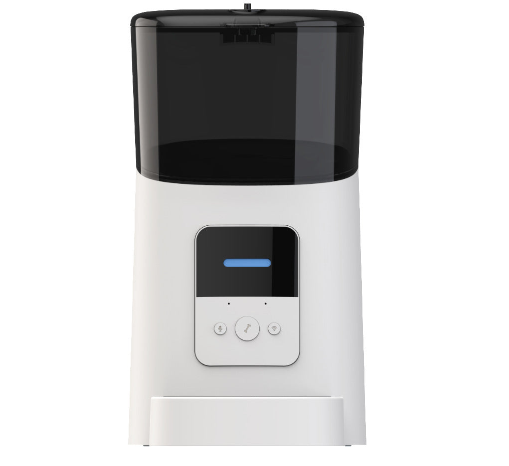 White and black automatic pet feeder with digital display and control buttons for pet feeding