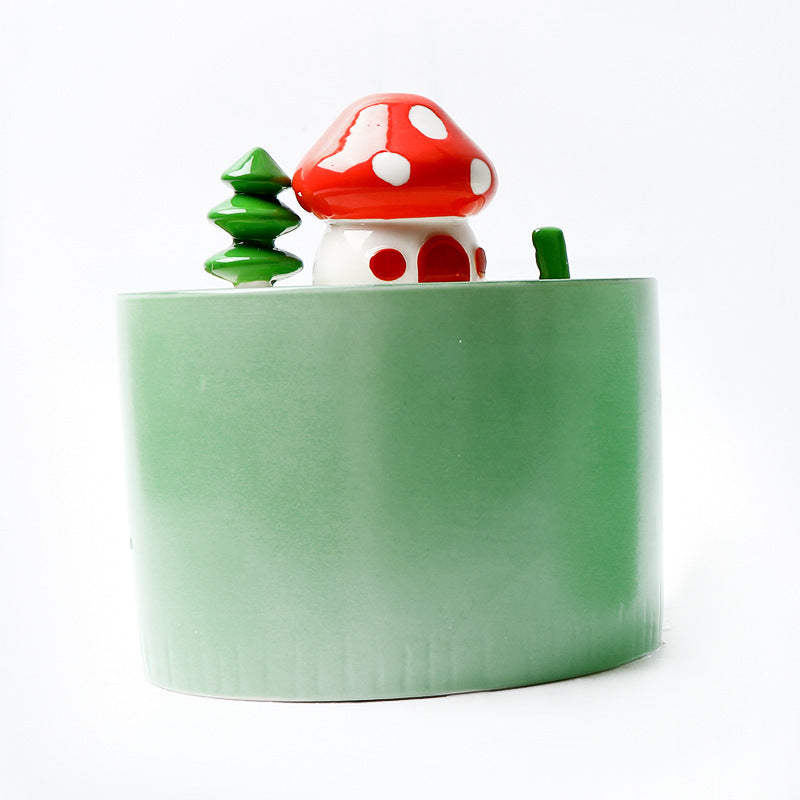 Green automatic pet water dispenser with mushroom and tree design for animal comfort