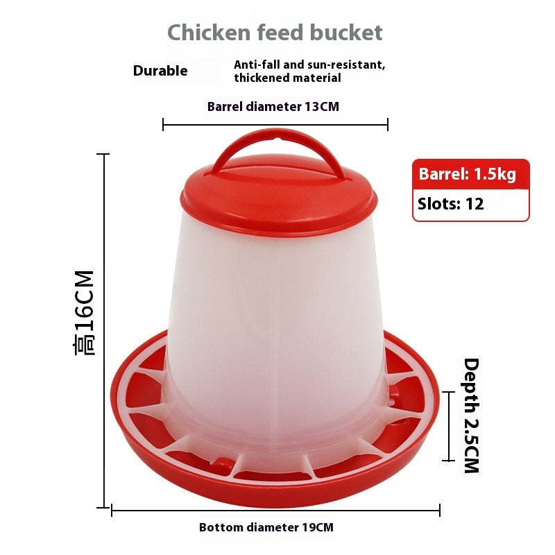 Red and white chicken feed bucket with 12 slots, durable material, 1.5kg capacity for animal comfort