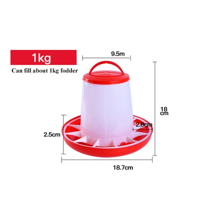 Red and white automatic pet water fountain with handle and measurements for animal comfort