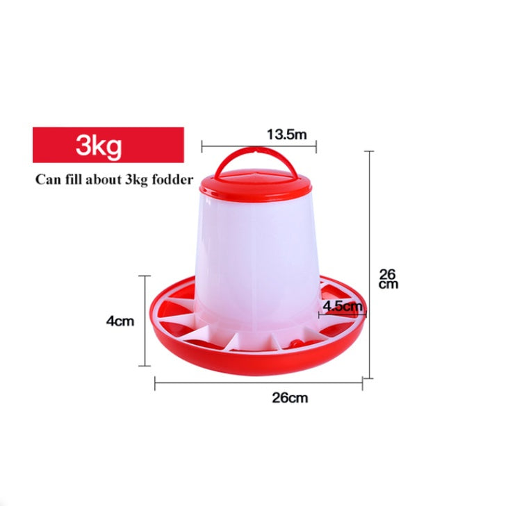 Red and white animal comfort feeder holding about 3kg fodder with handle and feeding tray