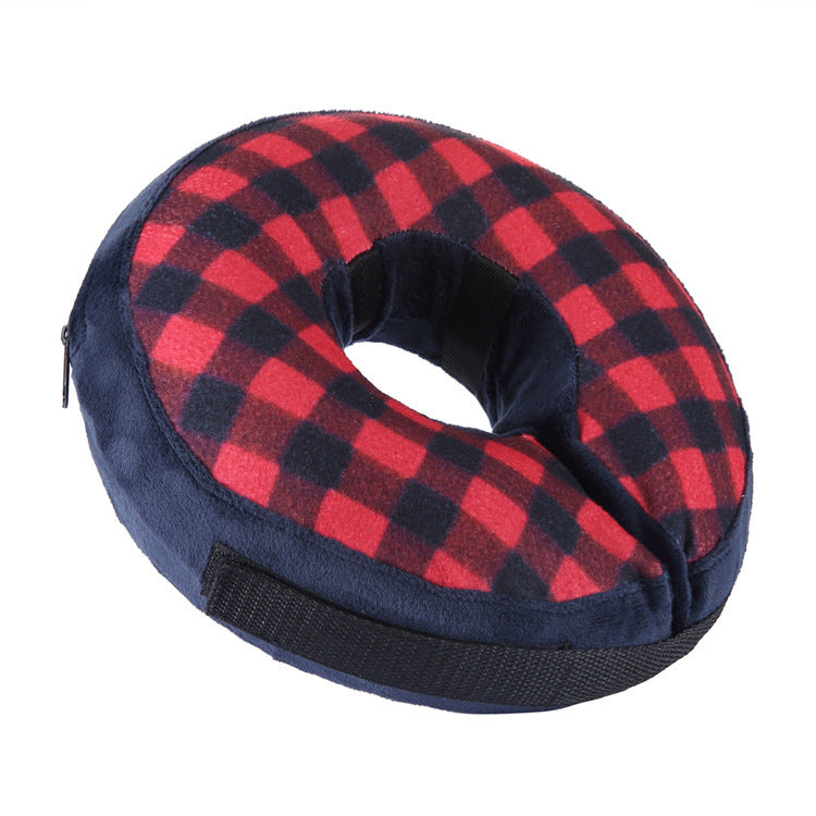 Inflatable Protective Cover for pets in red and black grid velcro design, ideal for dogs and cats during recovery. Soft cloth and PVC material for comfort.