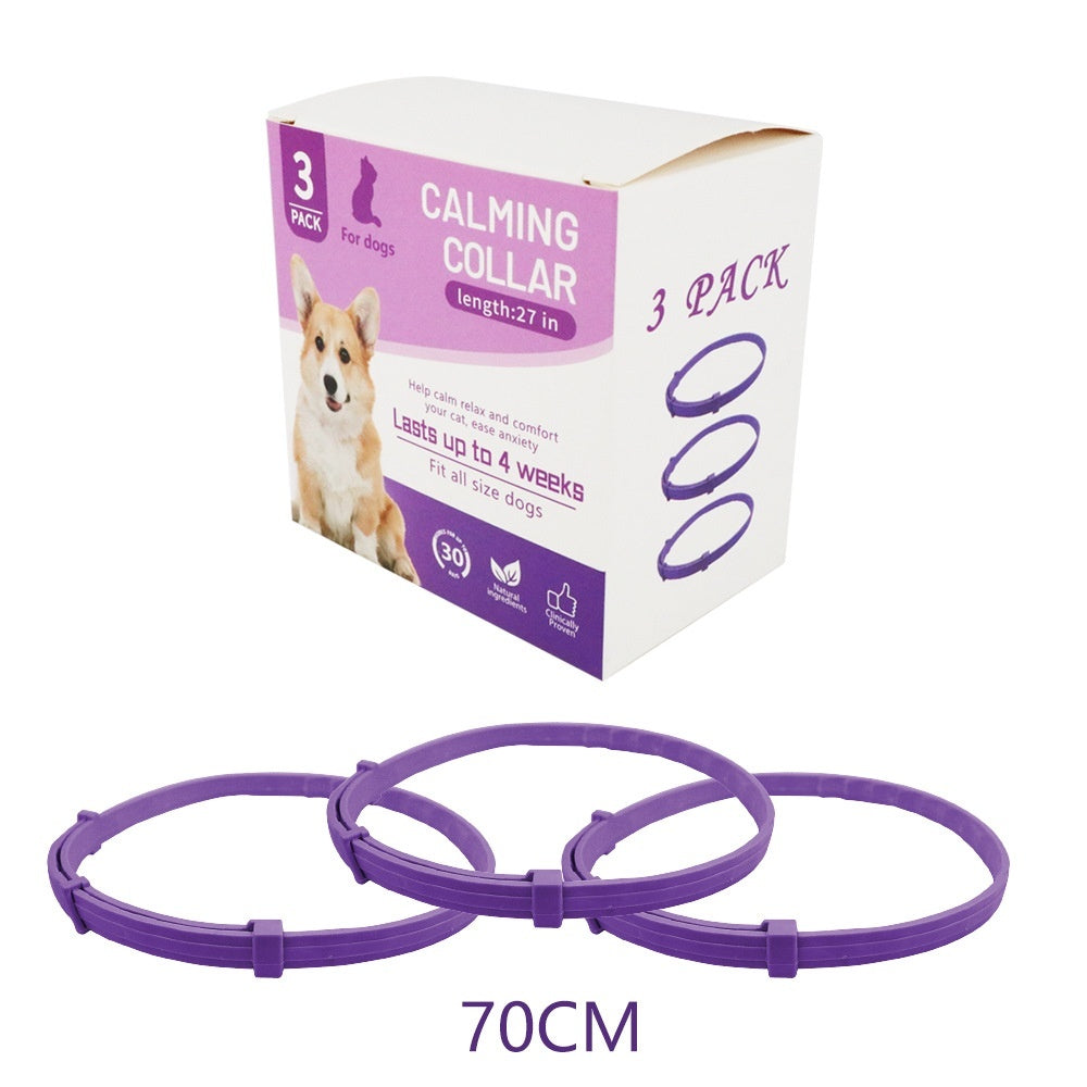 Three pack of purple calming collars for cats and dogs helping reduce anxiety and stress