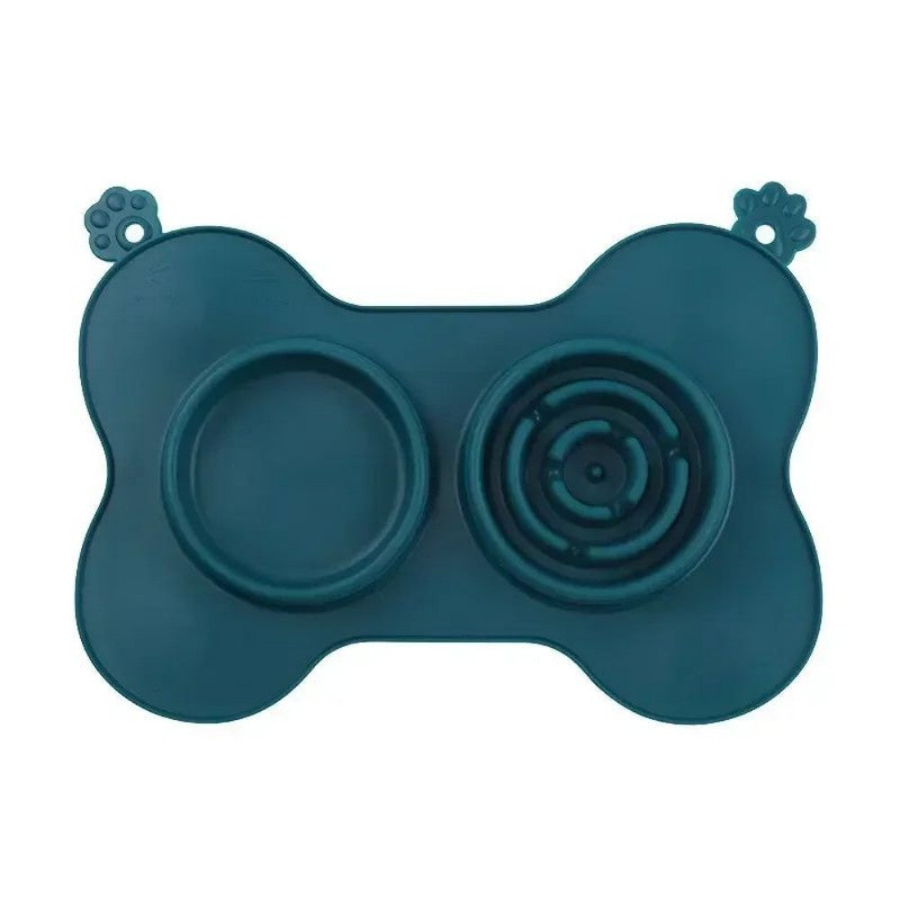 Furfamilyclub Cat Slow Eating Mat in bone shape with dual bowls for pet feeding and mealtime comfort