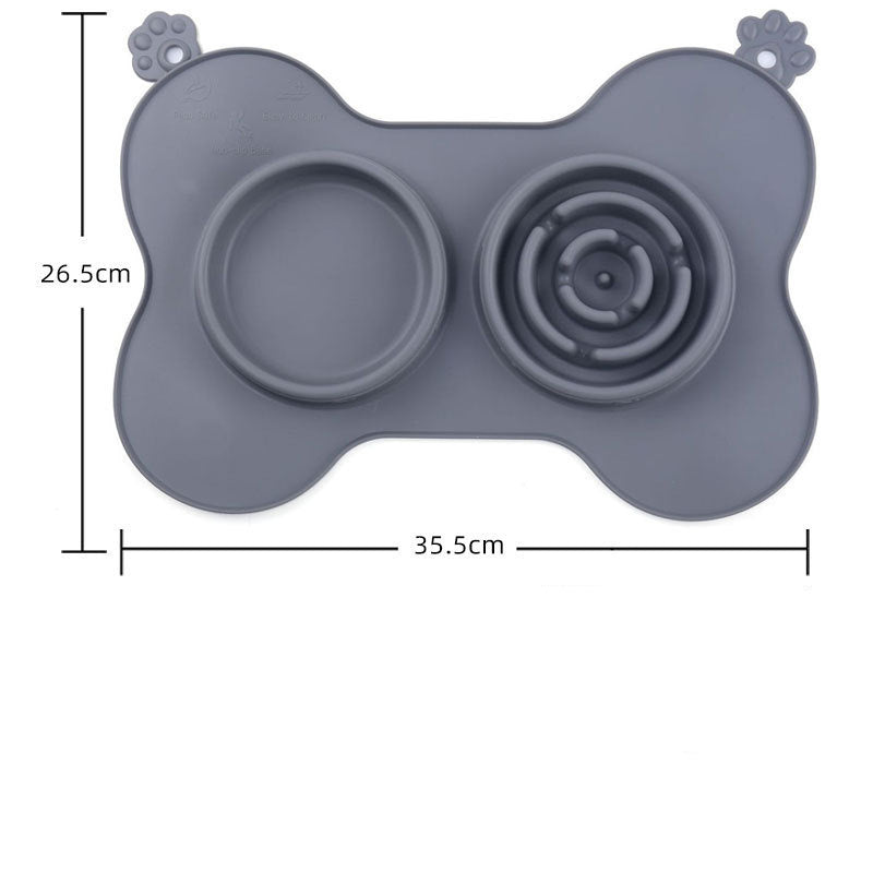 Furfamilyclub Cat Slow Eating Mat in gray with dual bowls and paw-shaped handles for pet comfort