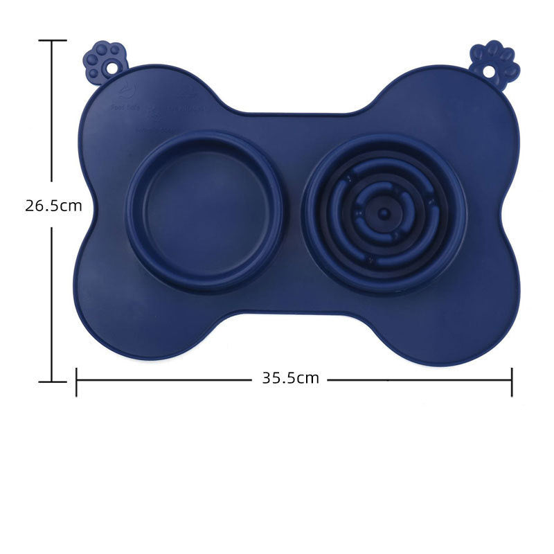Furfamilyclub Cat Slow Eating Mat in blue with dual bowls and paw design measuring 35.5 by 26.5 centimeters