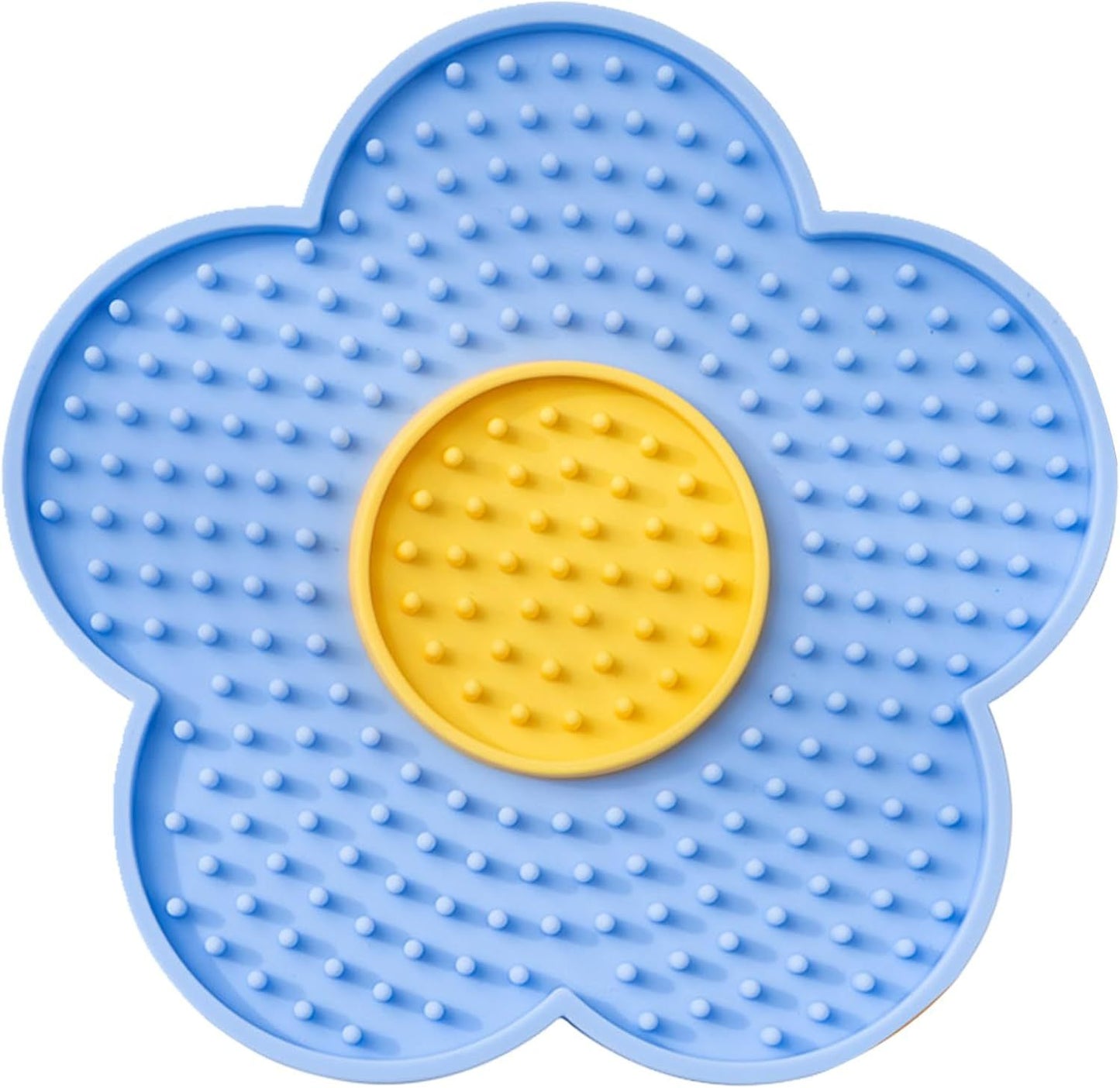 Blue and yellow flower-shaped Cats Lick Pad With Suctions for animal comfort and grooming