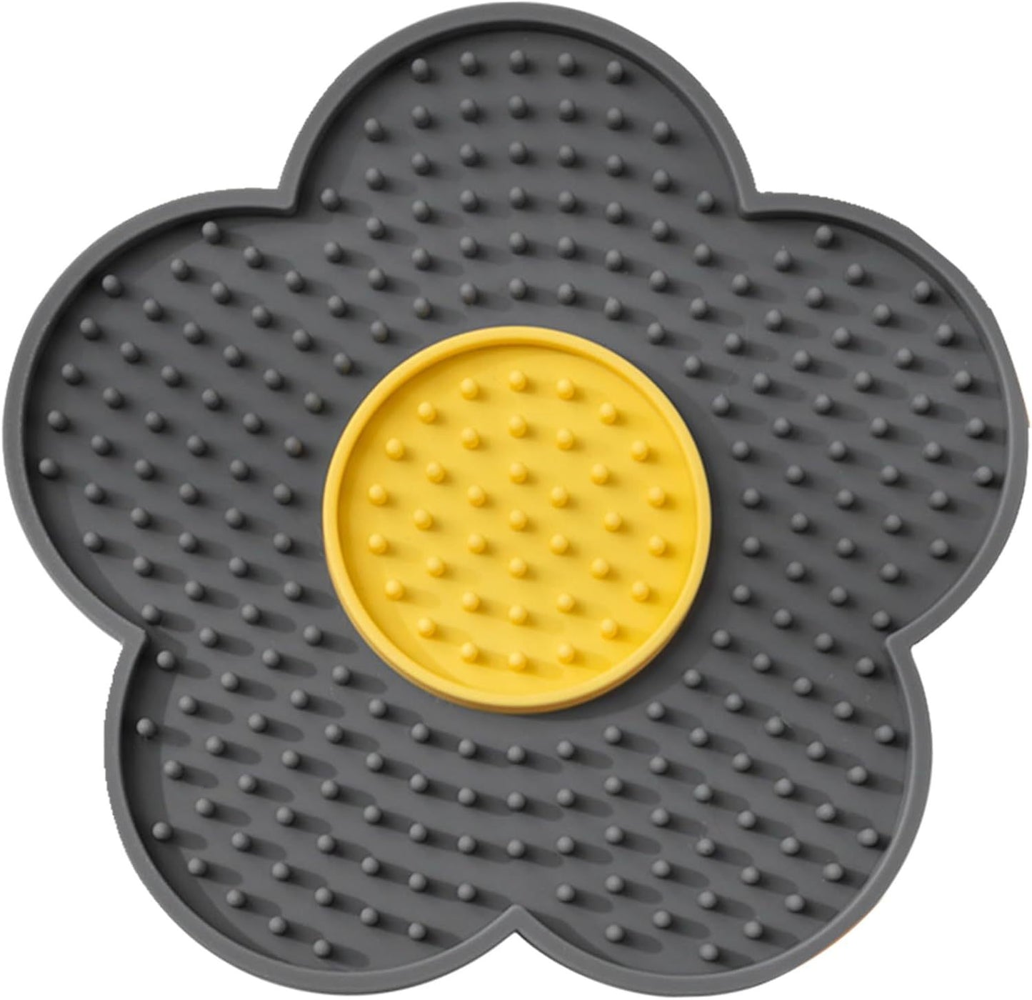 Flower-shaped Cats Lick Pad With Suctions in gray and yellow for pet comfort and grooming