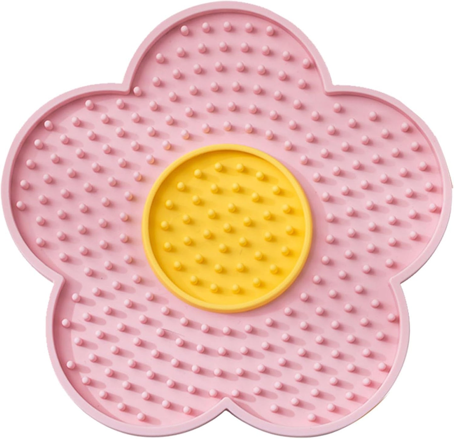 Pink and yellow flower-shaped Cats Lick Pad With Suctions for pet comfort and grooming