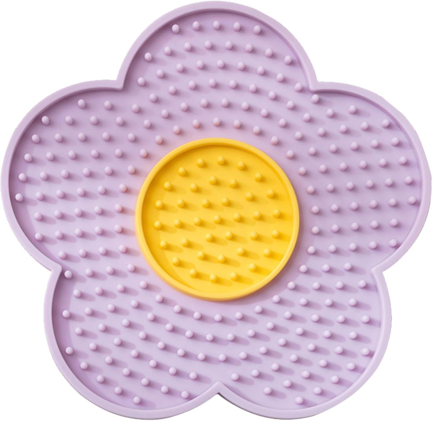 Flower-shaped Cats Lick Pad With Suctions in purple and yellow for pet comfort and grooming