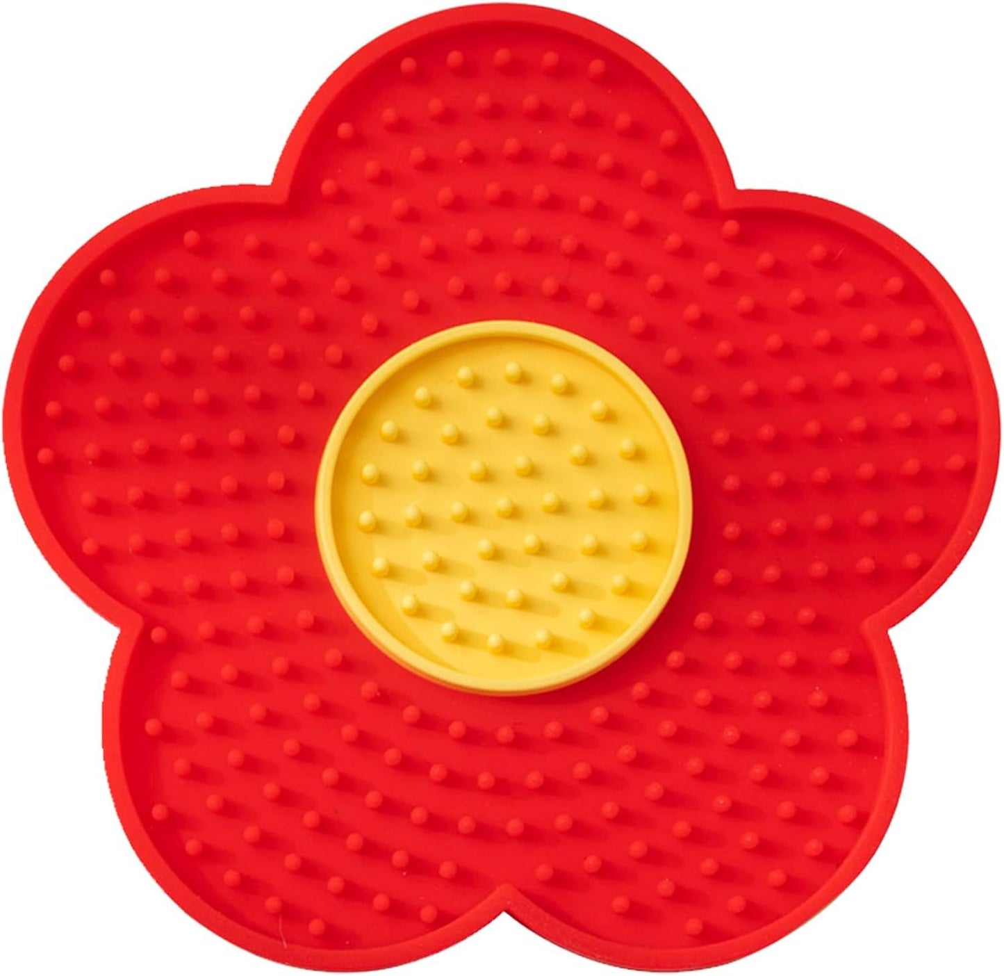 Red and yellow flower-shaped Cats Lick Pad With Suctions for pet comfort and enrichment