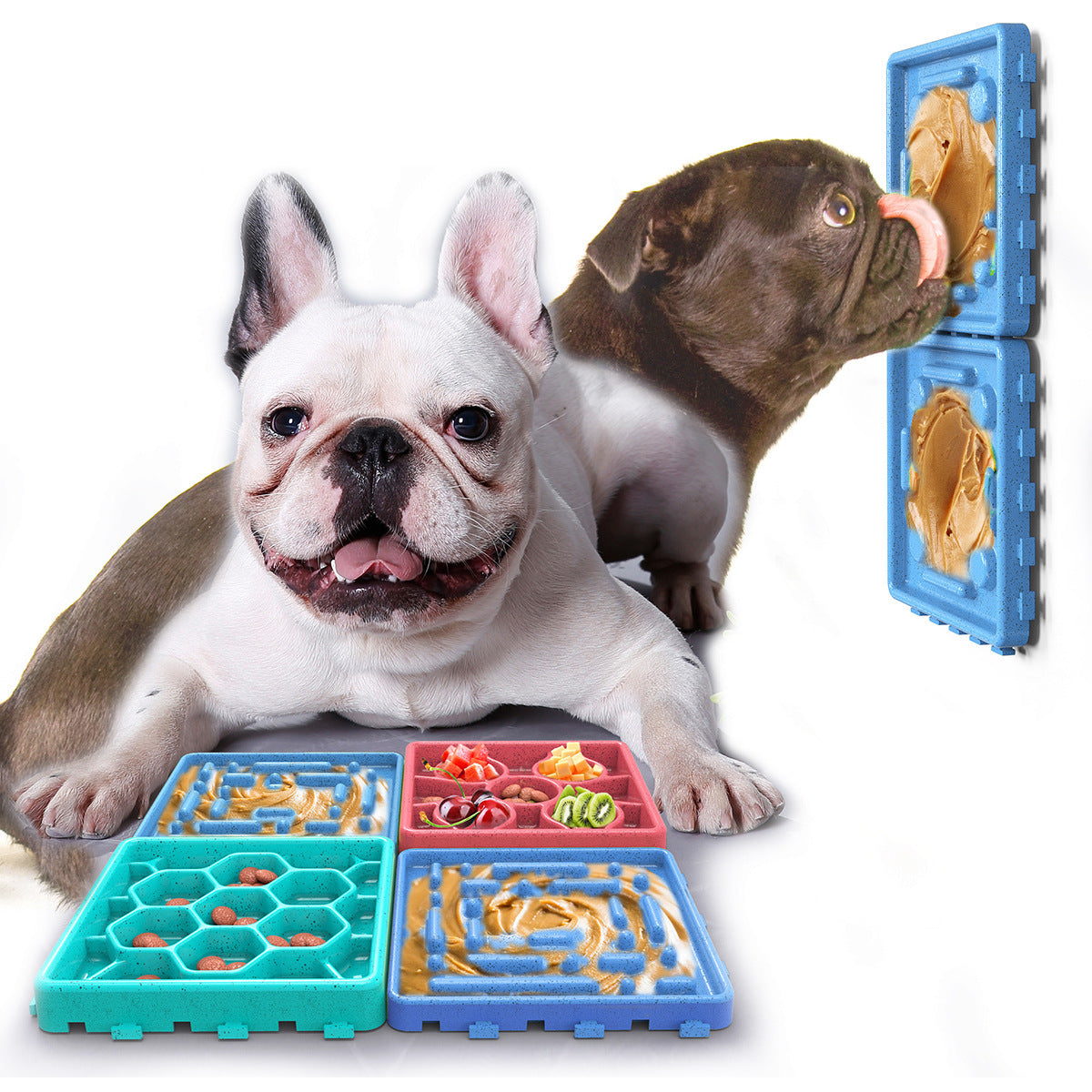 Dog Licking Mat Slow Feeder with textured surface and two dogs using it for interactive feeding