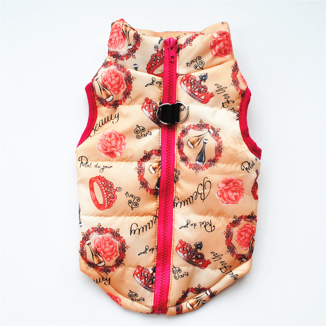 Beige dog winter waistcoat with red roses and crown pattern and front zipper for pet comfort