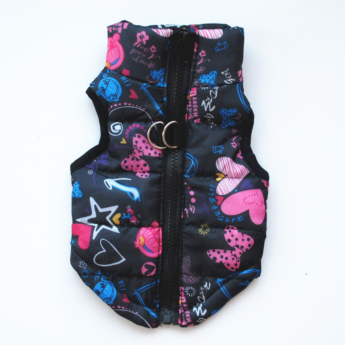 Black dog winter waistcoat with colorful heart and star patterns and front zipper closure