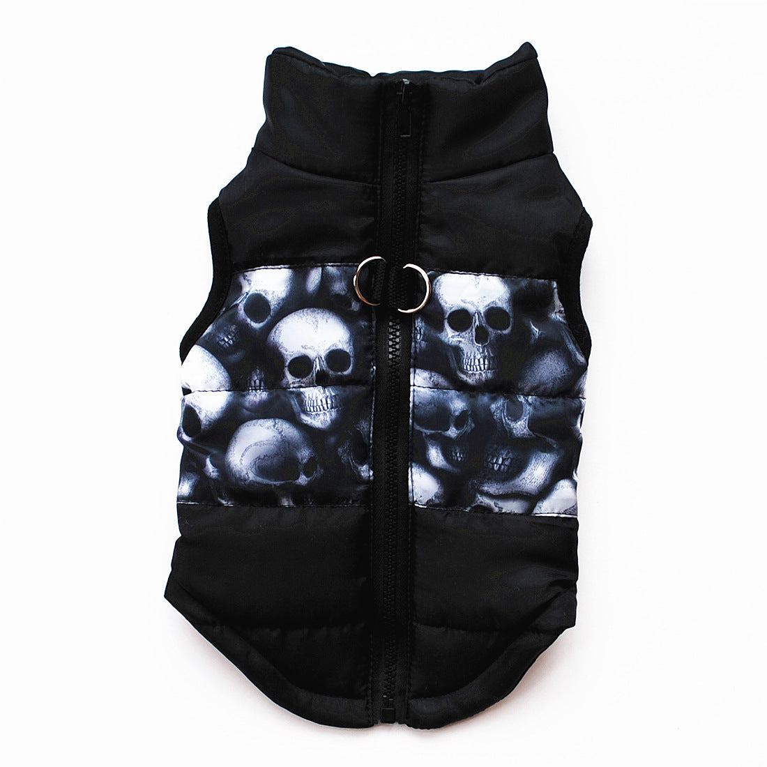 Black dog winter waistcoat with skull pattern and front zipper for pet comfort and warmth