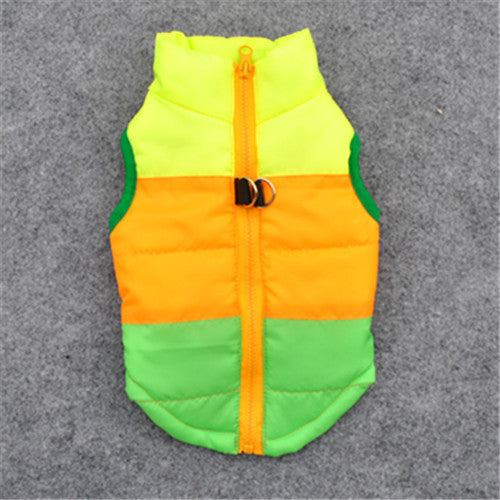 Brightly colored dog winter waistcoat with yellow zipper and tri-color design in green, orange, and yellow