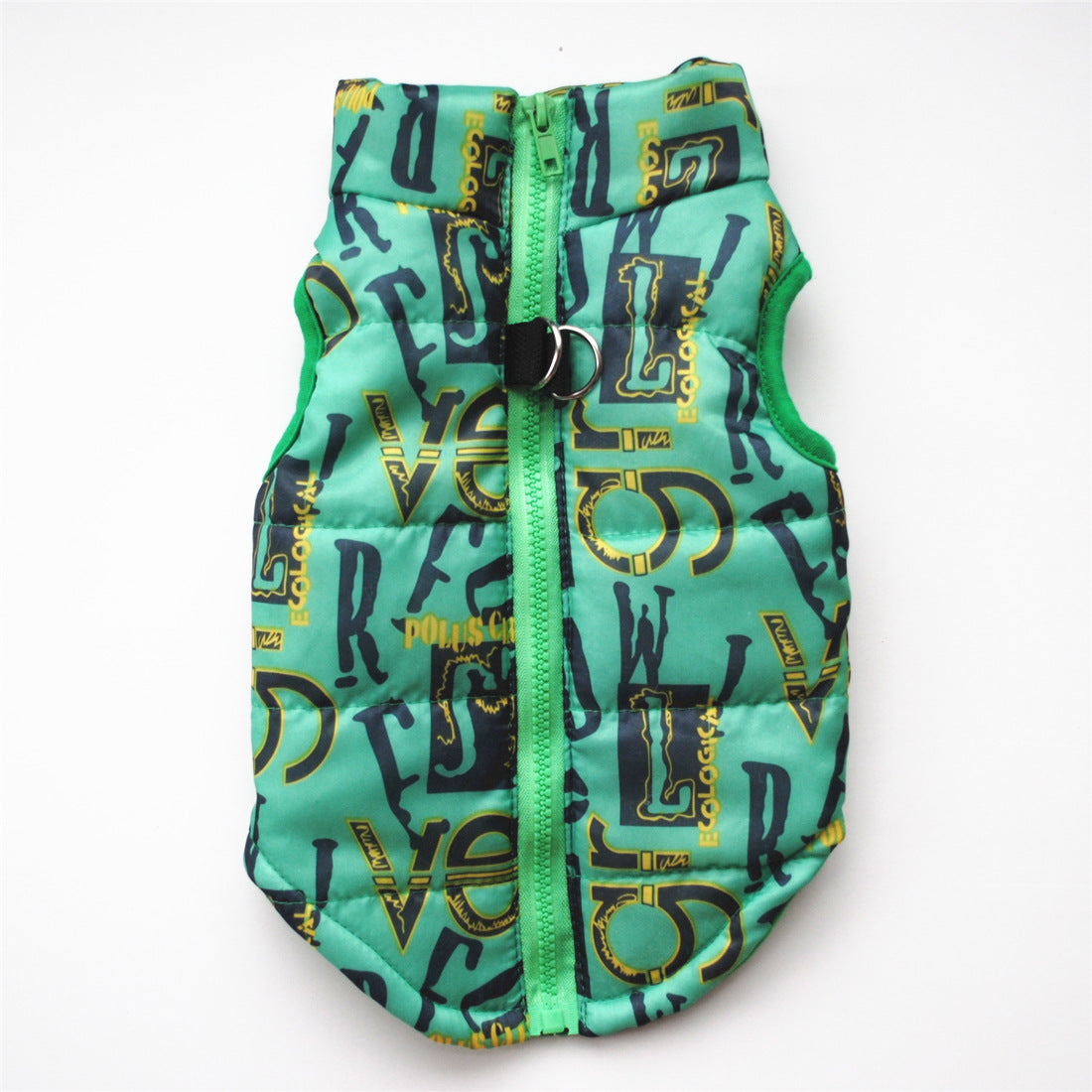 Green dog winter waistcoat with black and yellow alphabet print and front zipper closure