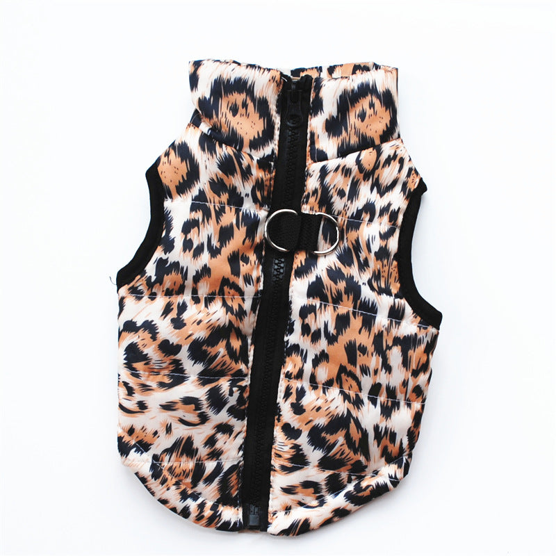 Leopard print dog winter waistcoat with front zipper and ring for leash attachment