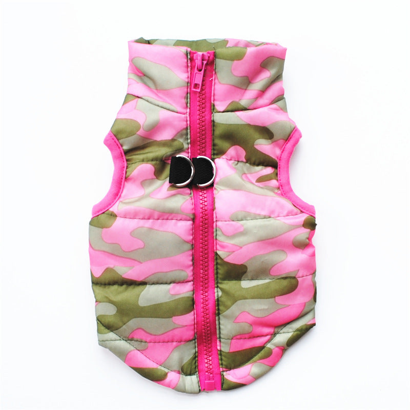 Pink and green camouflage dog winter waistcoat with front zipper and D-ring harness attachment