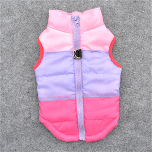 Colorful dog winter waistcoat in shades of pink and purple with a front zipper and D-ring on gray background