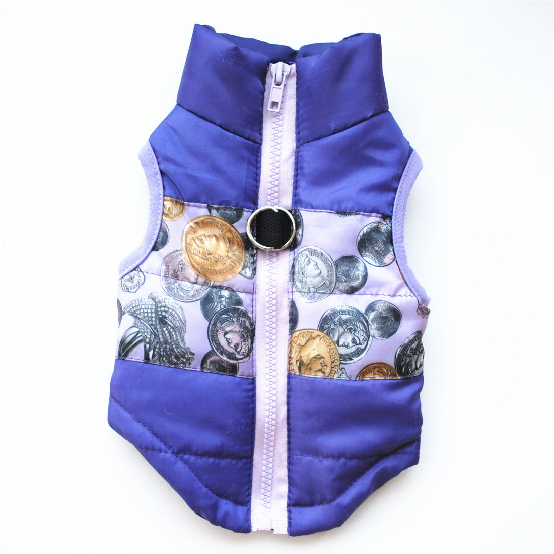 Purple and patterned dog winter waistcoat with front zipper and ring attachment for pet comfort