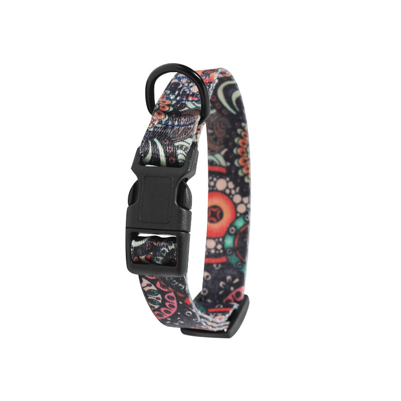 Durable Dog Leash and Collar Set with colorful patterned adjustable dog collar and sturdy black buckle