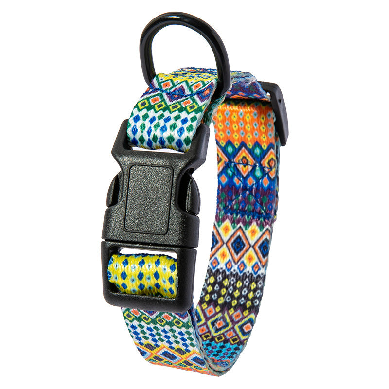 Durable Dog Leash and Collar Set with colorful patterned adjustable collar and black plastic buckle