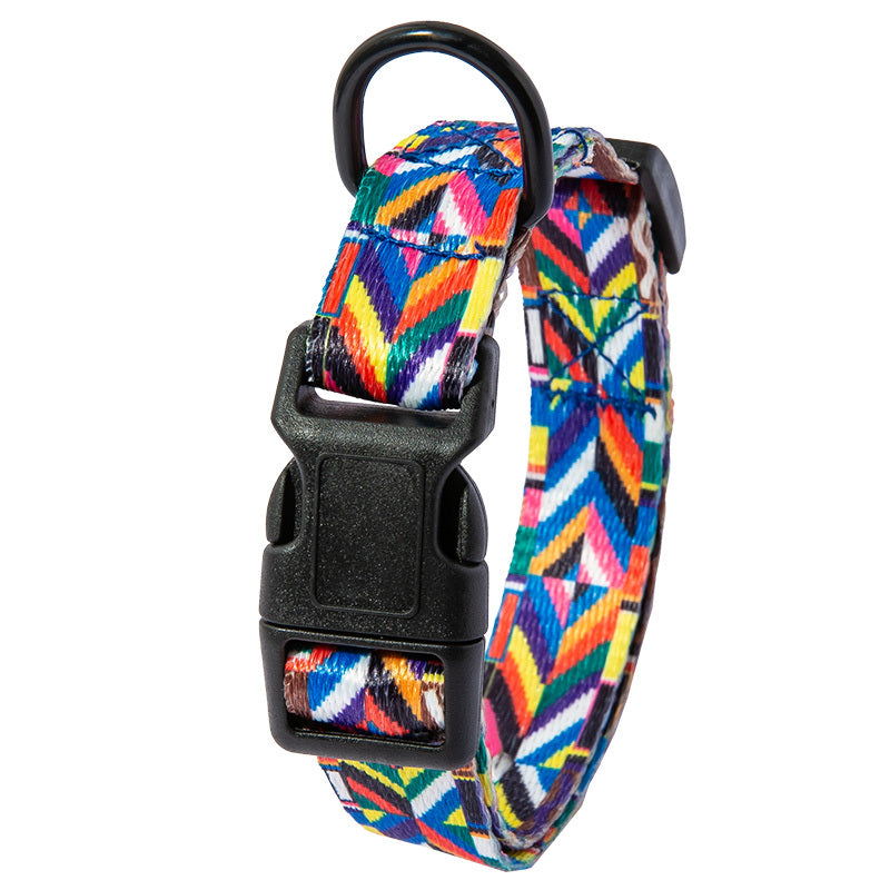 Durable Dog Leash and Collar Set with vibrant multicolor geometric pattern and secure black buckle