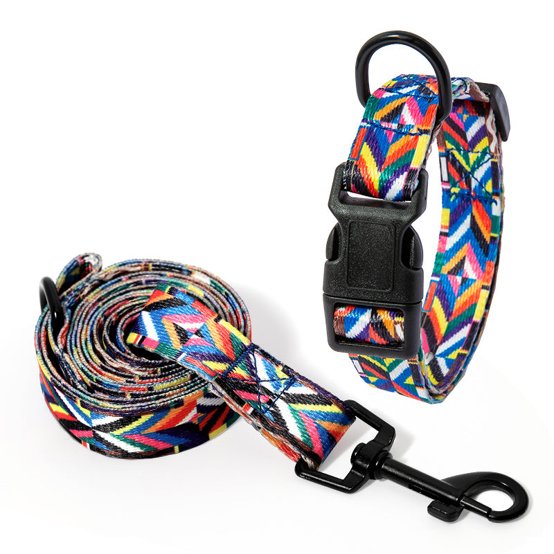 Durable Dog Leash and Collar Set with colorful geometric pattern and secure black clasps