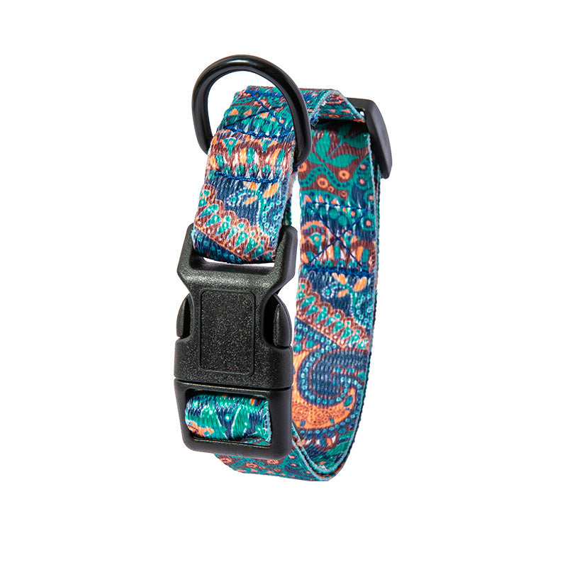 Durable Dog Leash and Collar Set with colorful patterned adjustable dog collar and black buckle
