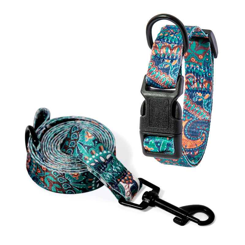 Durable Dog Leash and Collar Set with colorful patterned design and sturdy black hardware for pets