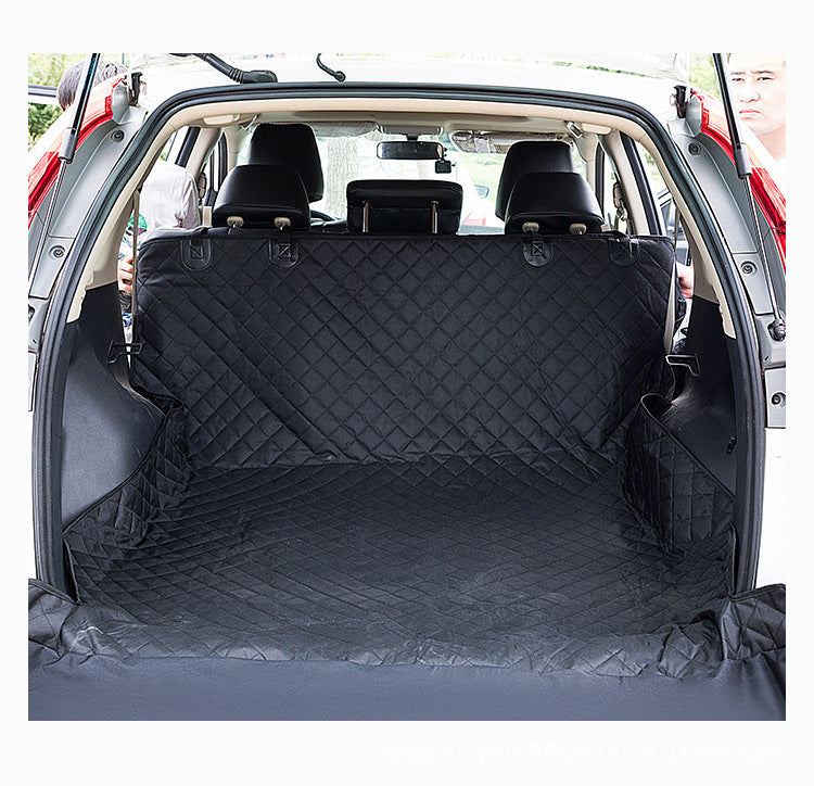 Black durable travel mat for dogs covering the back of an SUV for pet comfort and protection
