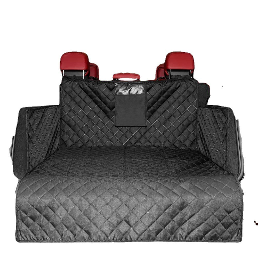 Durable travel mat for dogs in black quilted design protecting car back seat with side flaps
