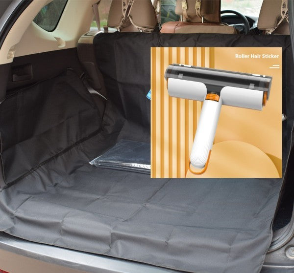 Durable travel mat for dogs protecting car trunk interior with included roller hair sticker for pet hair removal