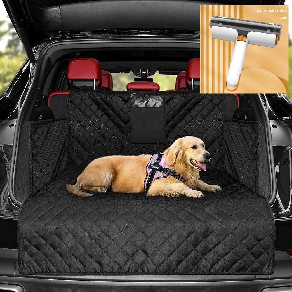 Durable travel mat for dogs in black quilted design protecting car trunk with golden retriever resting