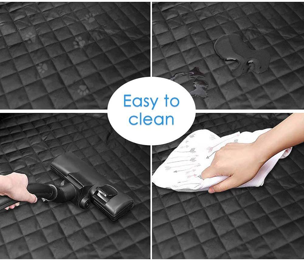 Durable travel mat for dogs showing easy to clean black quilted surface with water spills and vacuuming