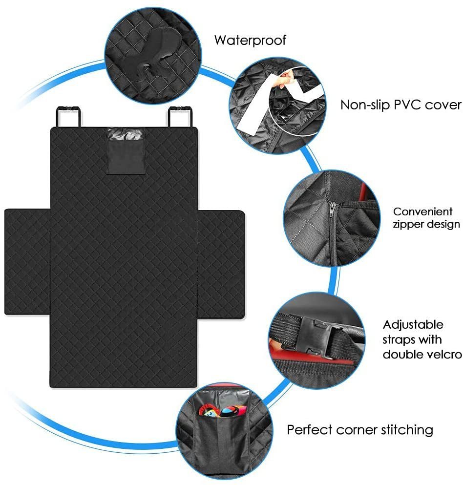 Durable travel mat for dogs with waterproof quilted surface, non-slip PVC cover, zipper design, adjustable straps, and corner stitching
