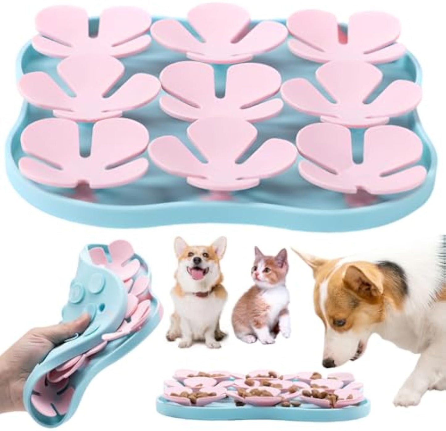 Furfamilyclub Eating Pet Calming Mat in blue and pink with flower design used by dogs and a cat