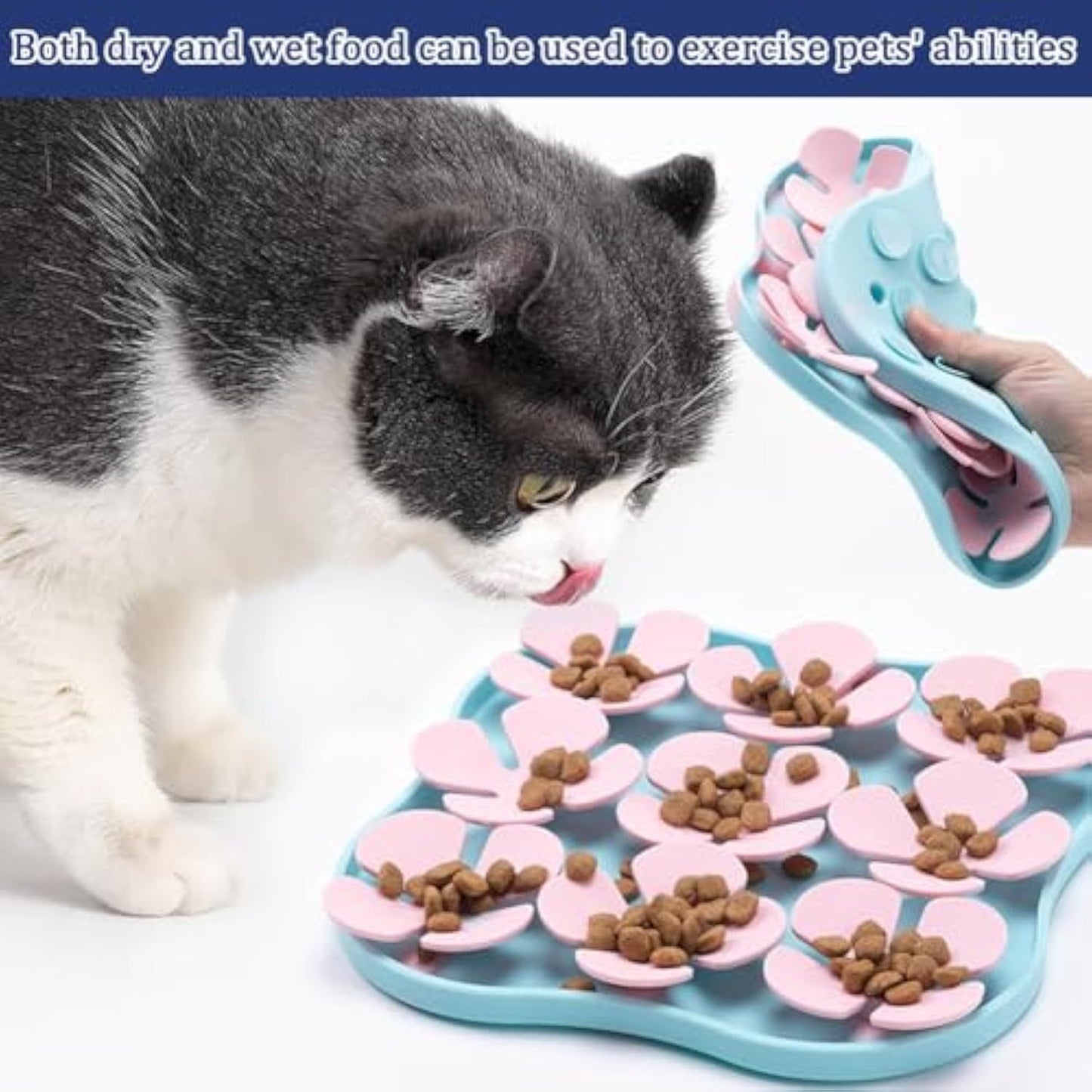 Furfamilyclub Eating Pet Calming Mat with pink flower shapes holding dry food and a cat eating