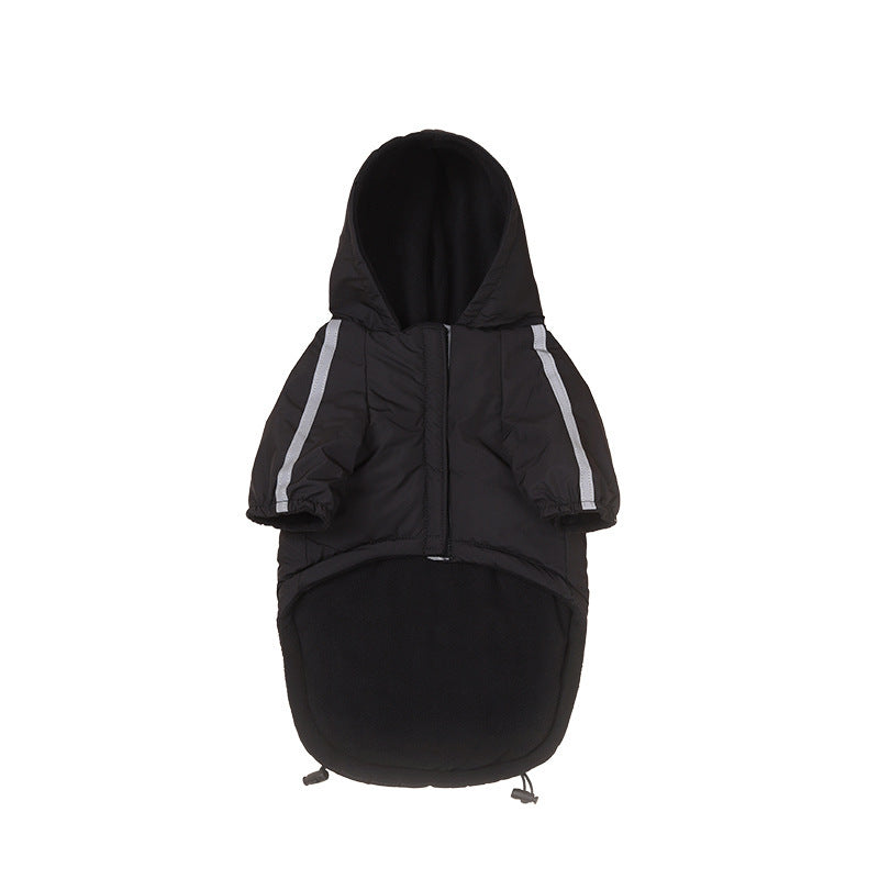 Black Fashion Dog Clothing Shell Jacket with hood and reflective stripes for pet comfort.