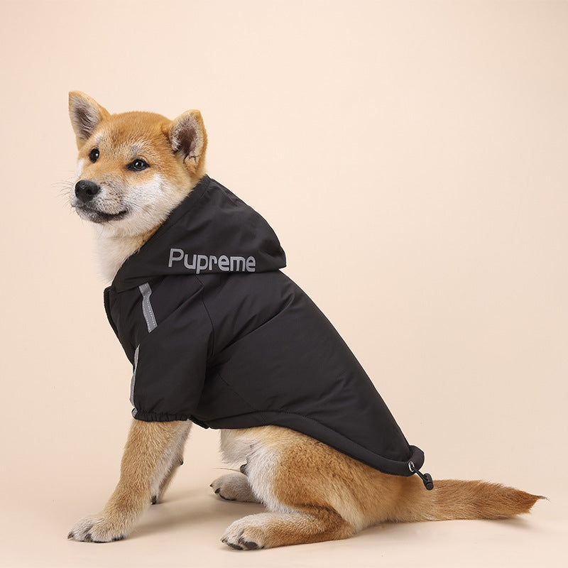 Shiba Inu wearing black Fashion Dog Clothing Shell Jacket with hood for pet comfort and style