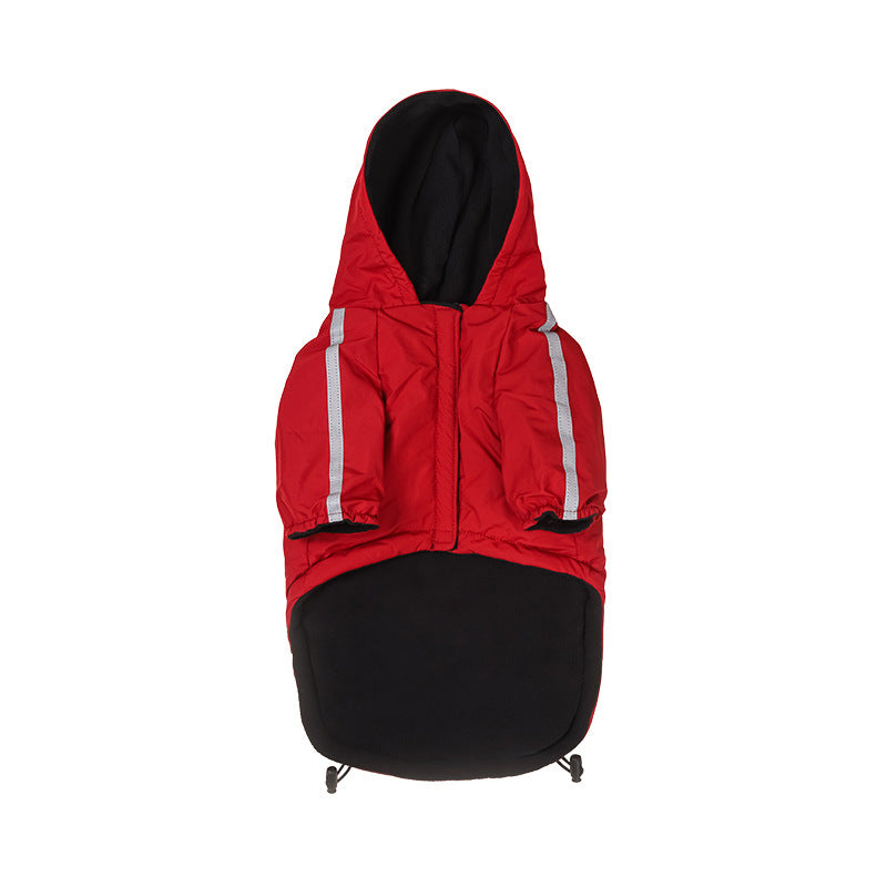 Red Fashion Dog Clothing Shell Jacket with hood and reflective stripes for animal comfort