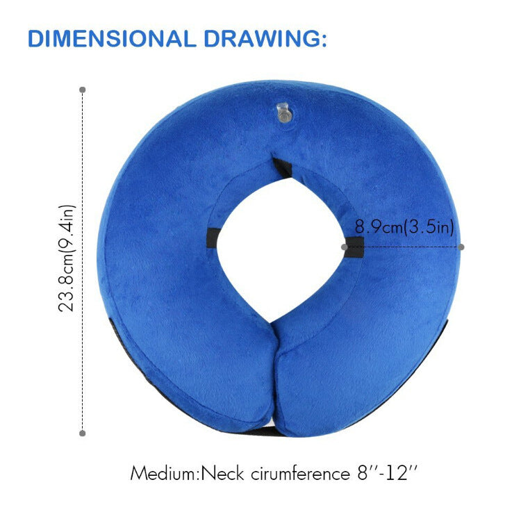 Inflatable Protective Cover in blue with velcro, designed for dogs and cats. Medium size fits necks 8''–12'', measuring 23.8cm diameter and 8.9cm inner width.